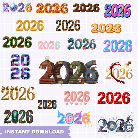 Various designs of '2026' text in different styles and colors on a white background.