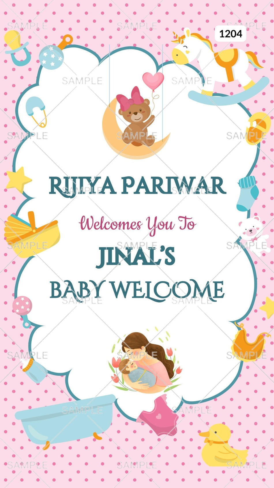 Baby welcome party invitation card Canva Editable Template in english language with playful theme design 1204