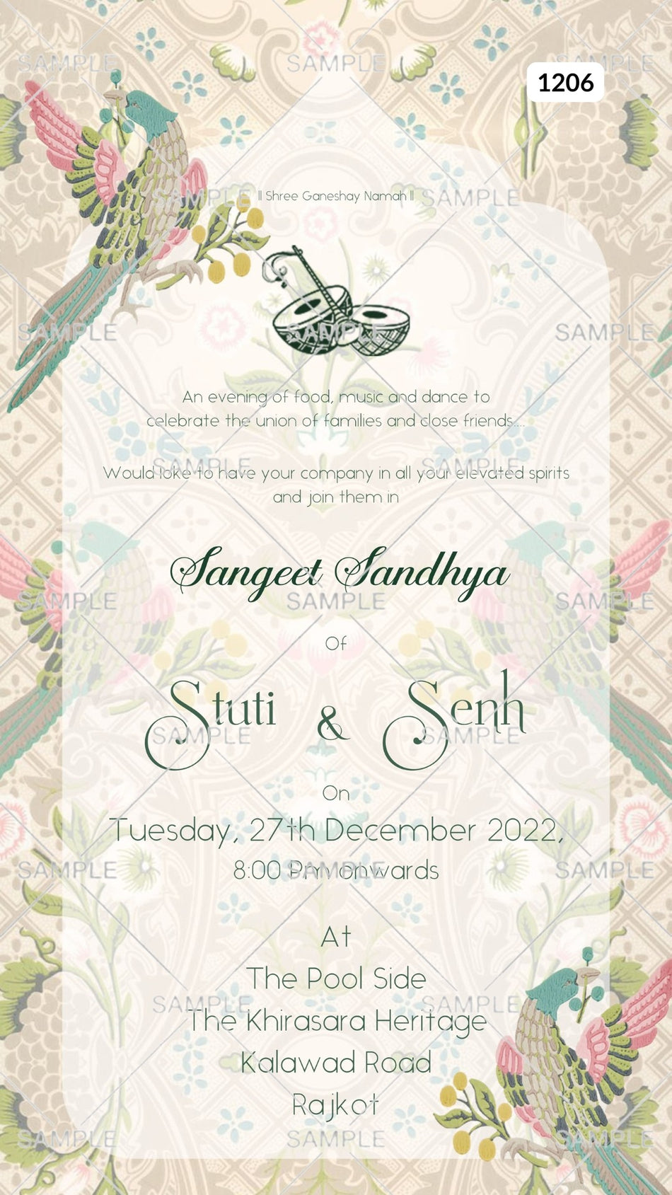 Sangeet Sandhya Ceremony invitation card Canva Editable Template in english language with birds, drums as vintage theme design 1206