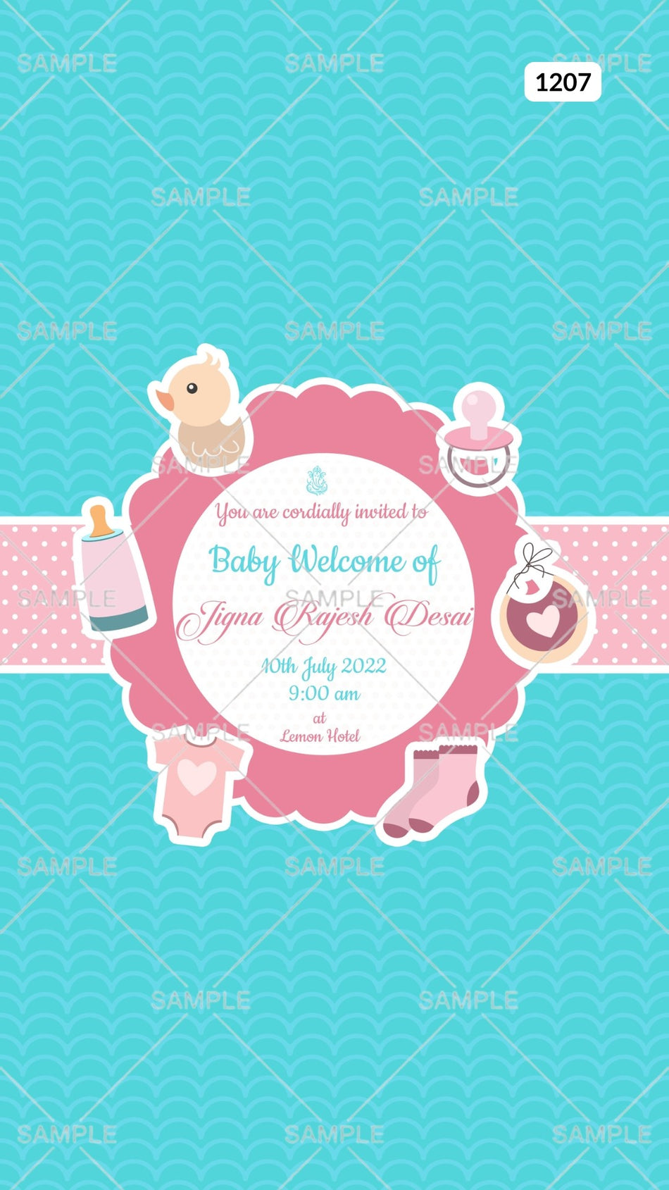 Baby welcome party invitation card Canva Editable Template in english language with playful theme design 1207