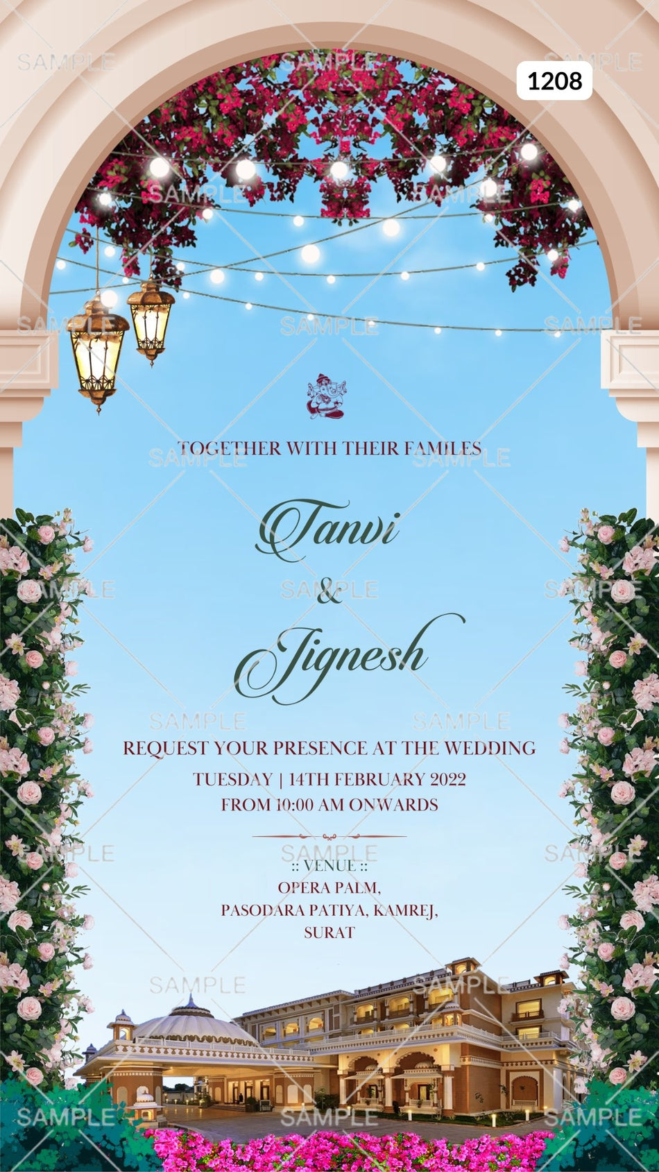 Wedding ceremony invitation card Canva Editable Template of hindu gujarati kathiyawadi family in english language with  palace theme design 1208