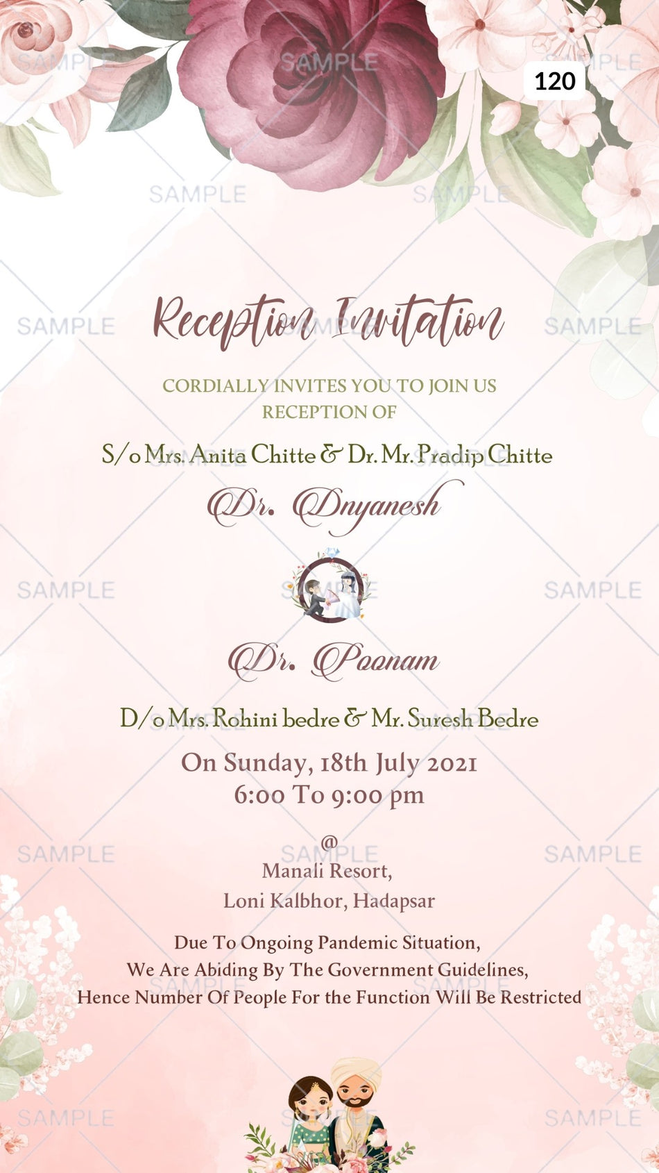 Reception Party invitation card Canva Editable Template in english language with couple photo, couple doodle as floral theme design 120