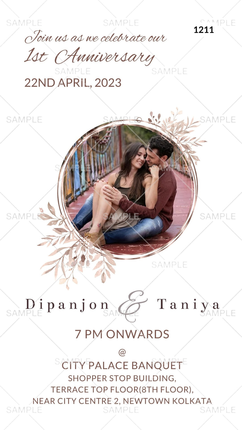 1st Wedding Anniversary invitation card Canva Editable Template in English language with couple photo, frame, leaves as floral theme design 1211
