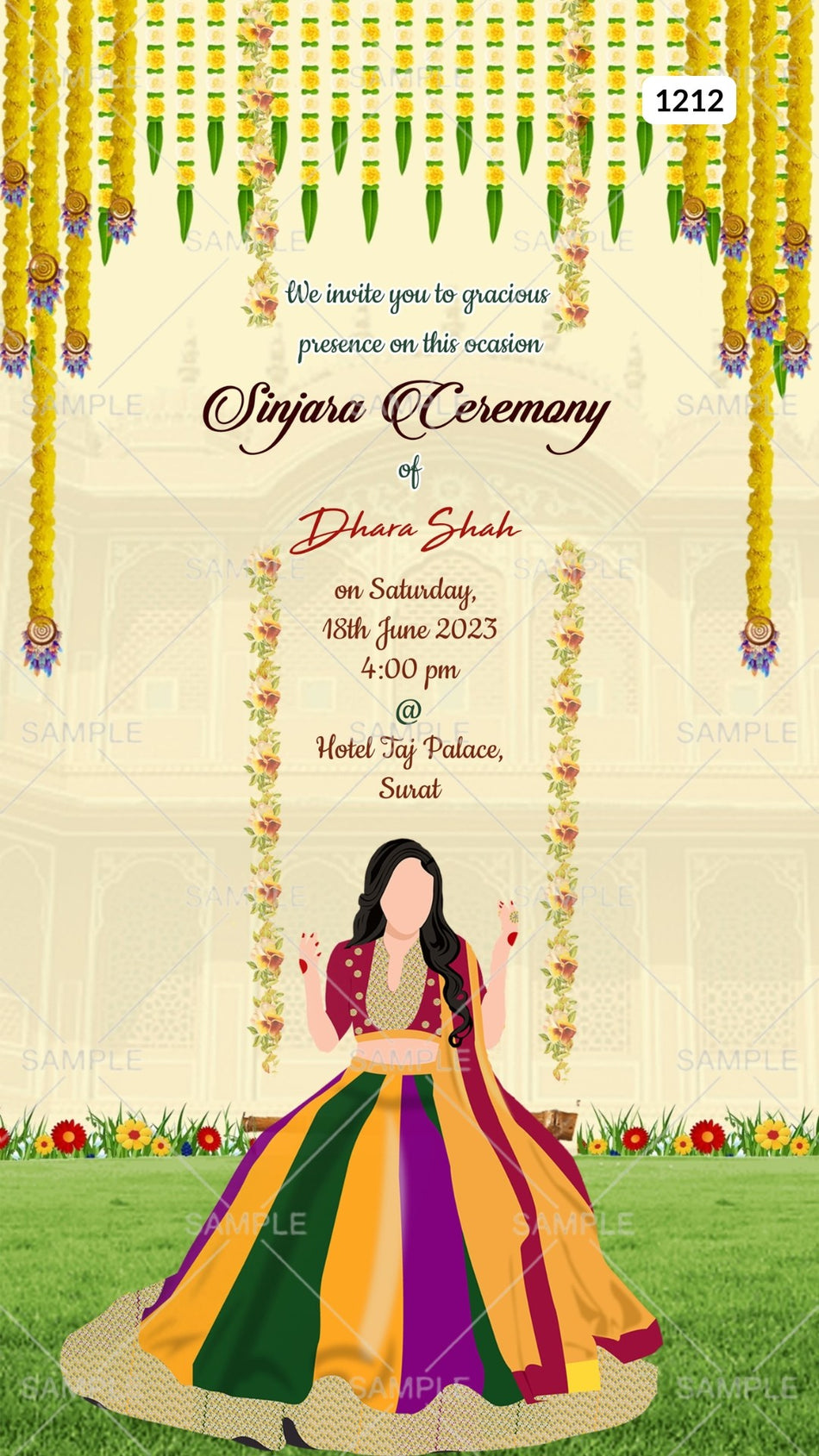 Sinjara ceremony invitation card Canva Editable Template in english language with garland, traditional girl doodle as floral theme design 1212