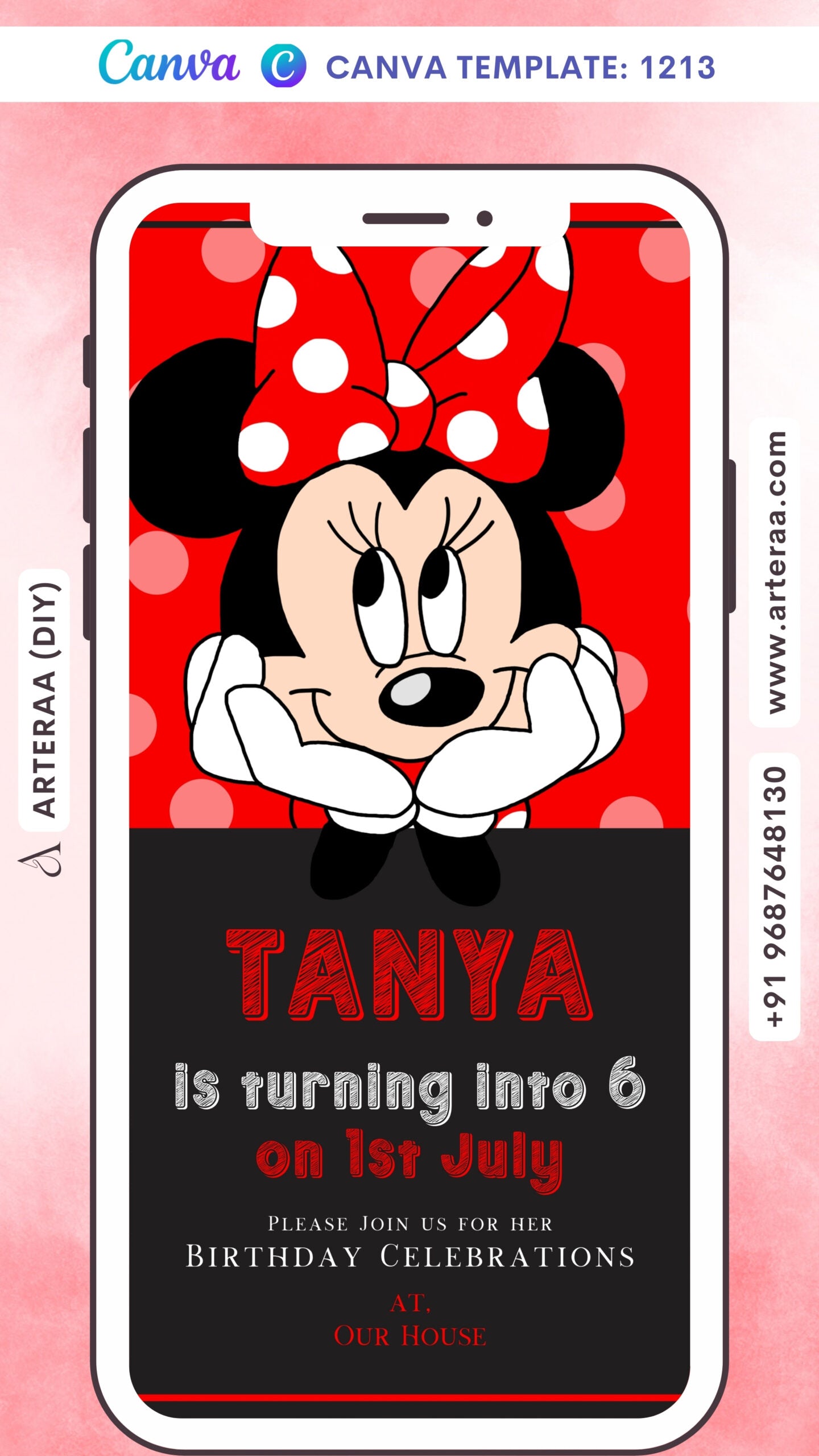 Birthday party invitation card Canva Editable Template for girl in English language with minni mouse theme design 1213