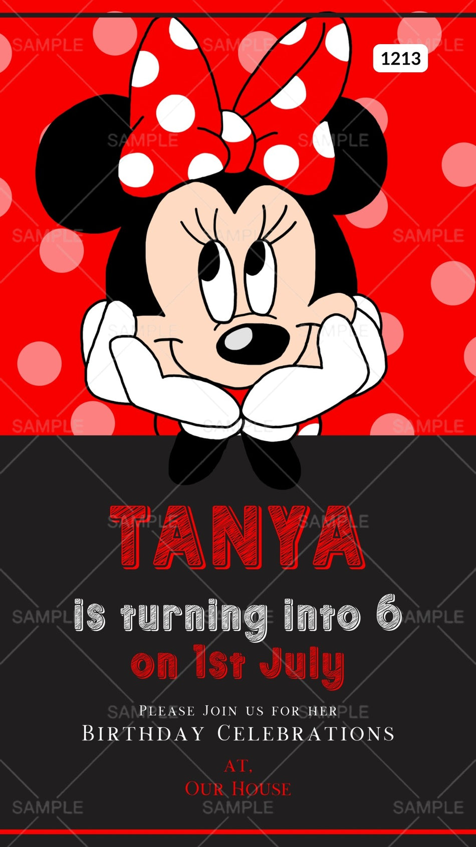 Birthday party invitation card Canva Editable Template for girl in English language with minni mouse theme design 1213