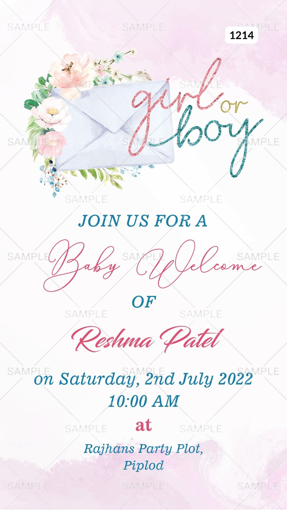 Baby welcome party invitation card Canva Editable Template in english language with floral theme design 1214