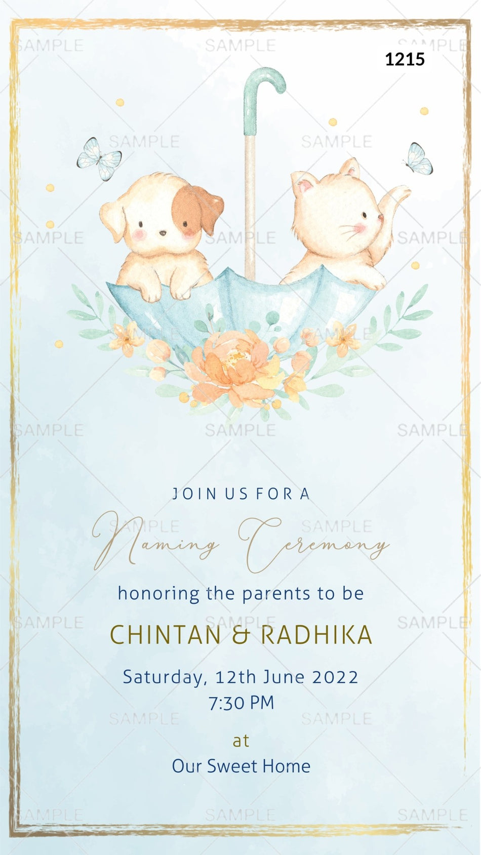 Baby Naming ceremony invitation card Canva Editable Template in english language with cat, umbrella, butterfly as cartoonish theme design 1215