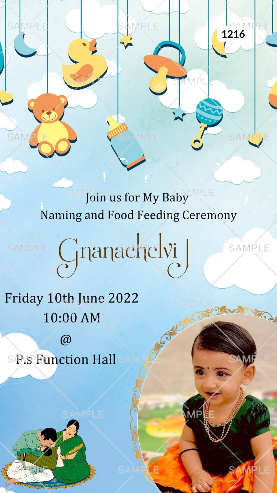 Annaprashan ceremony invitation card Canva Editable Template in english language with toys, rice feeding doodle as playful theme design 1216