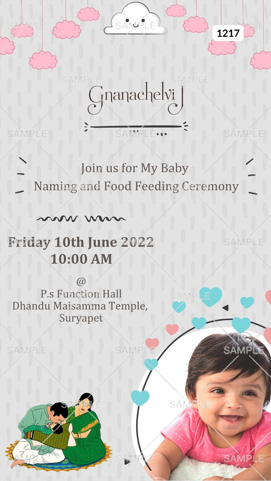 Annaprashan ceremony invitation card Canva Editable Template in english language with rice feeding doodle, cloud as minimalistic theme design 1217