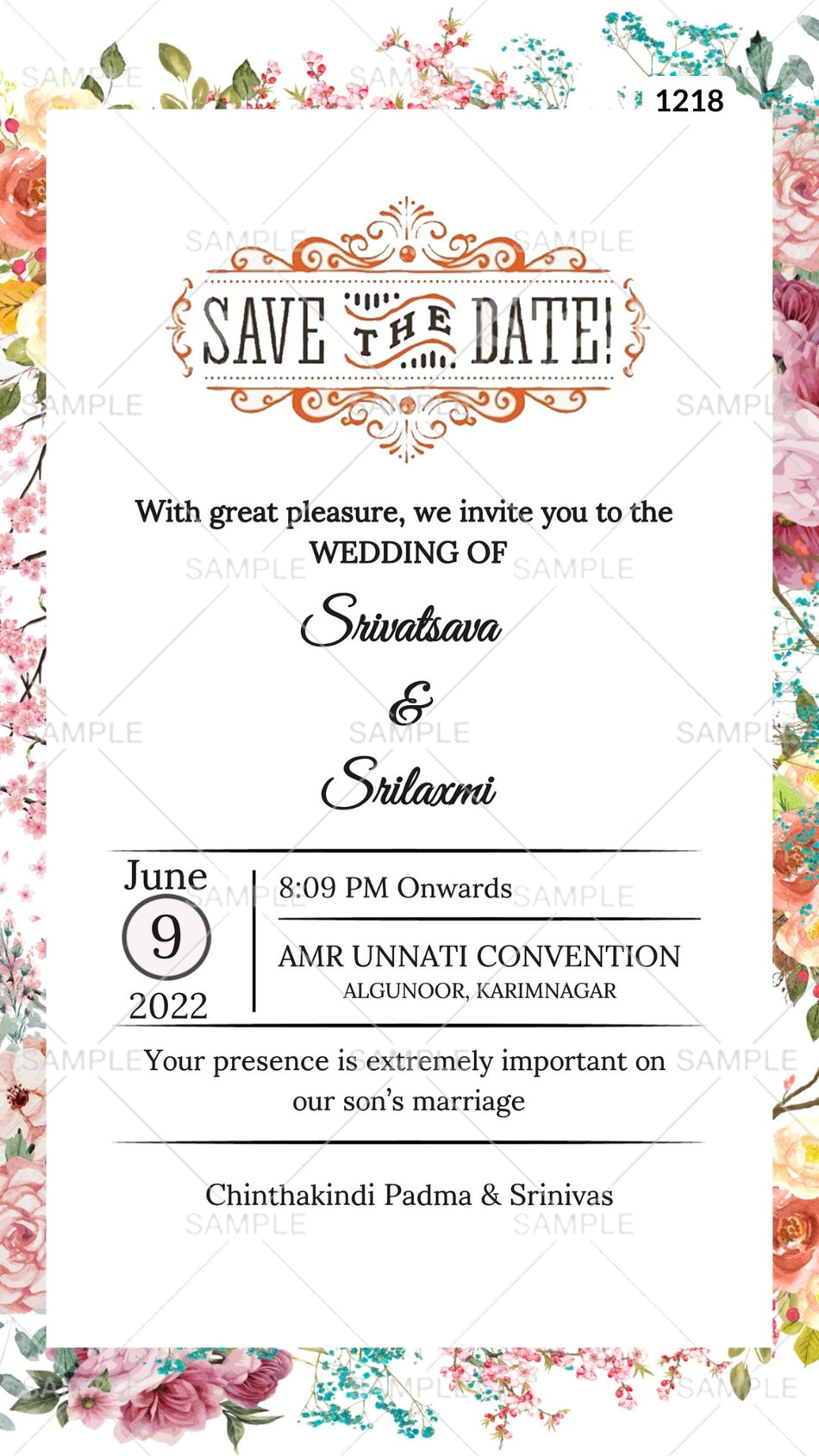 Wedding ceremony invitation card Canva Editable Template of hindu south indian telugu family in english language with  Floral theme design 1218