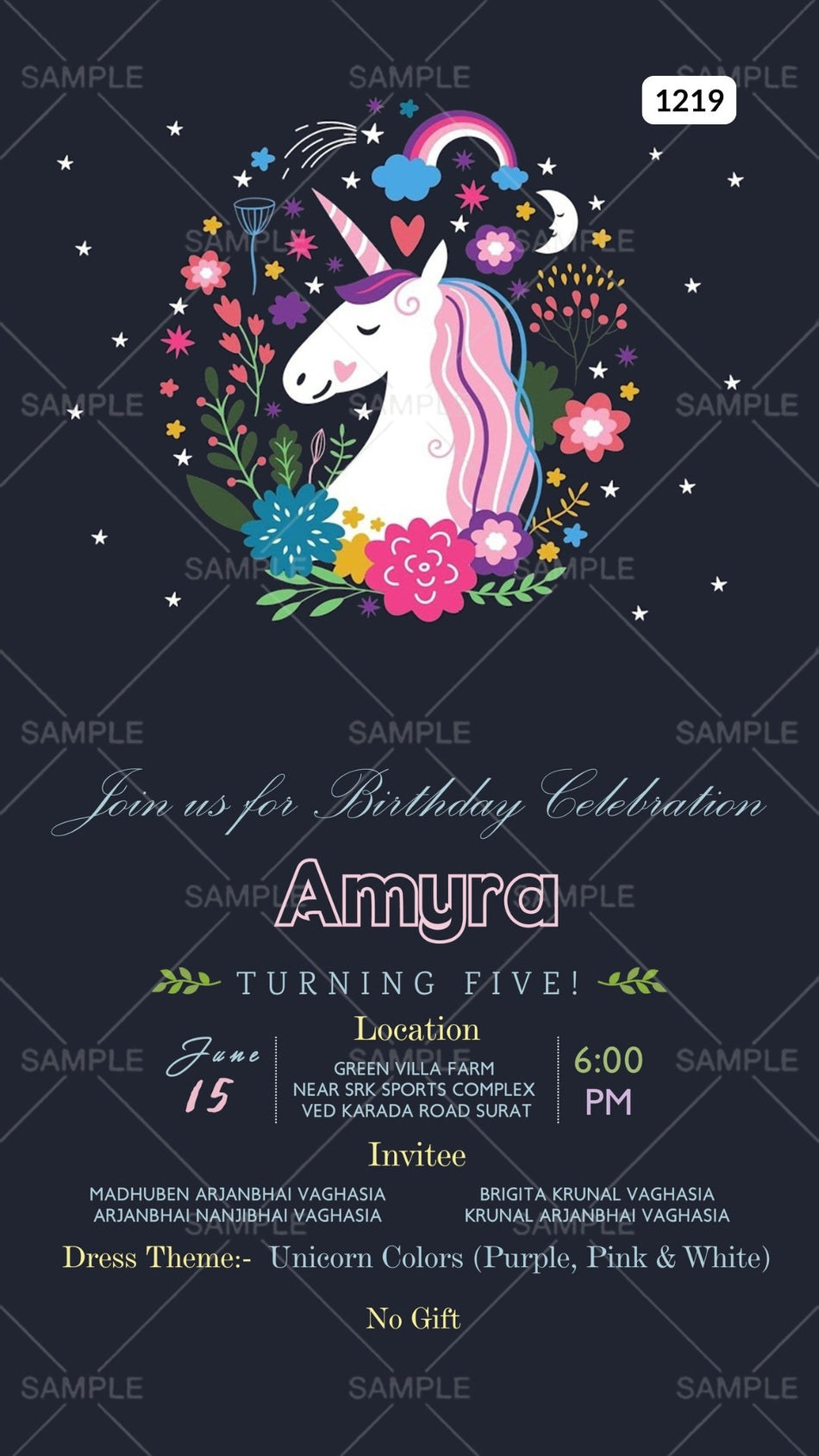 Birthday party invitation card Canva Editable Template in English language with unicorn theme design 1219