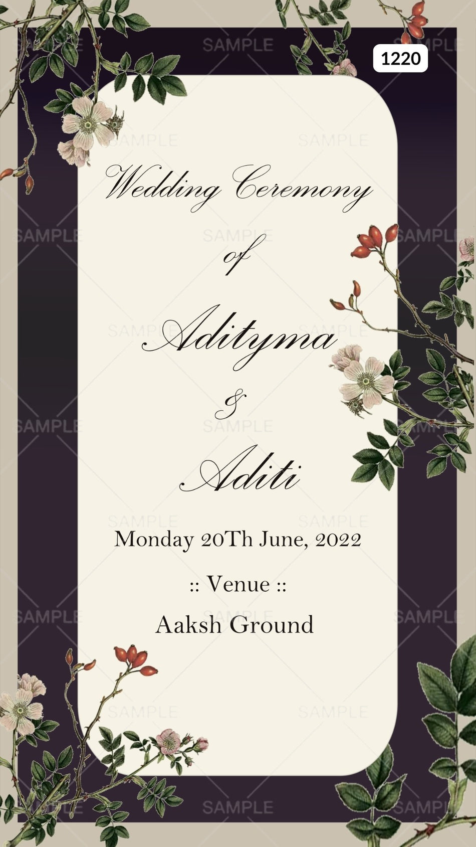 Wedding ceremony invitation card Canva Editable Template of hindu modern family in english language with  Vintage flower theme Canva Editable Template design 1220