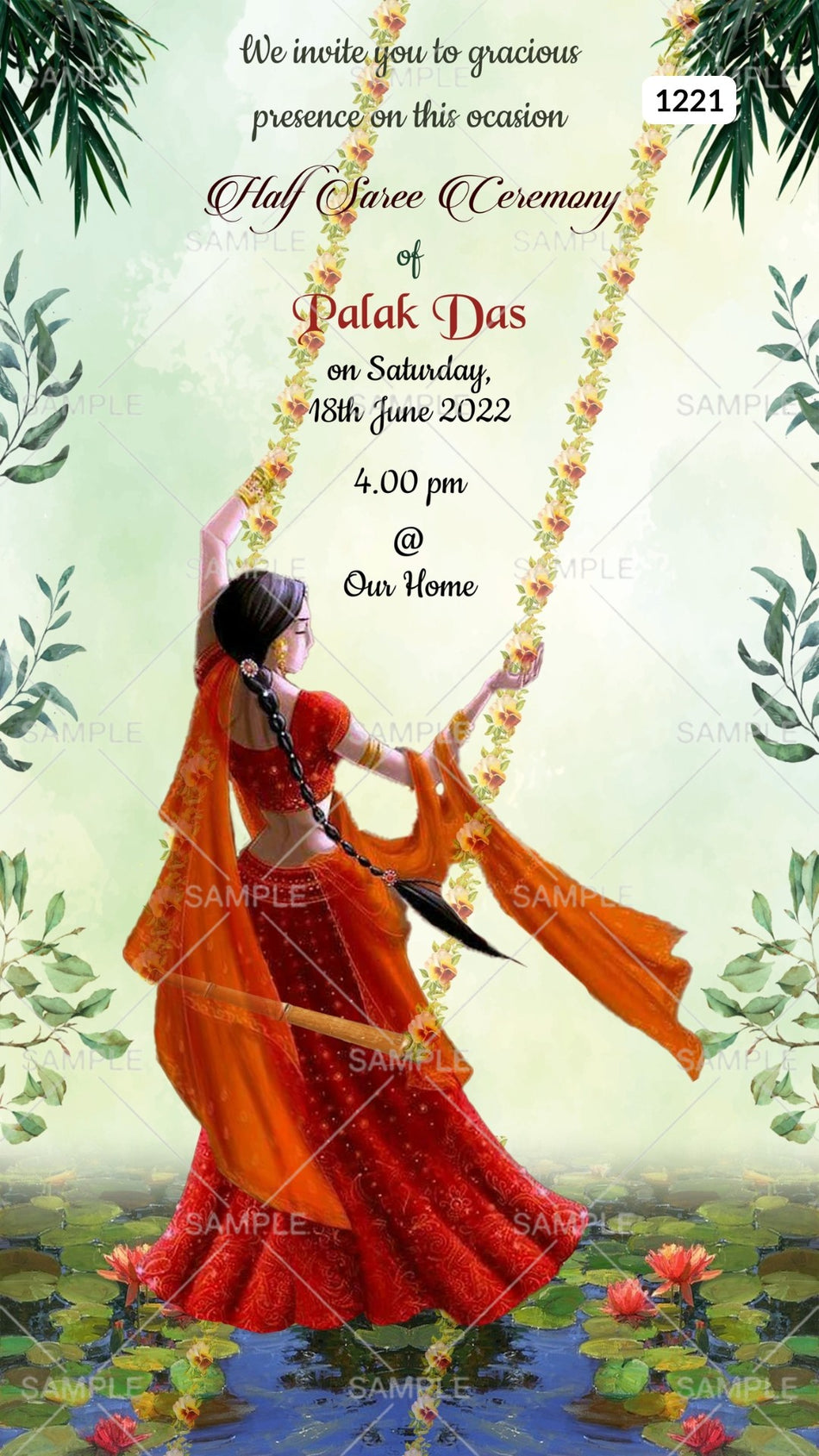 Half Saree ceremony invitation card Canva Editable Template in english language with traditional theme design 1221