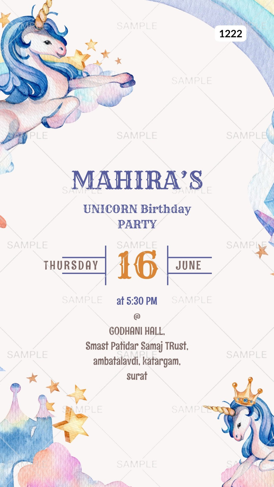 Birthday party invitation card Canva Editable Template for girl in english language with unicorn theme design 1222