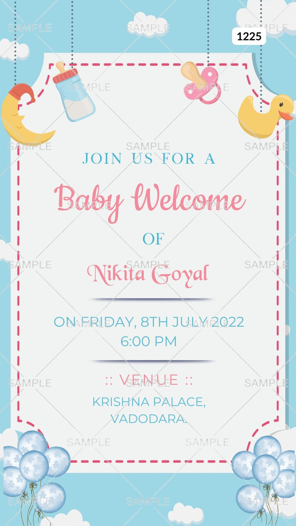 Baby welcome party invitation card Canva Editable Template in english language with playful theme design 1225