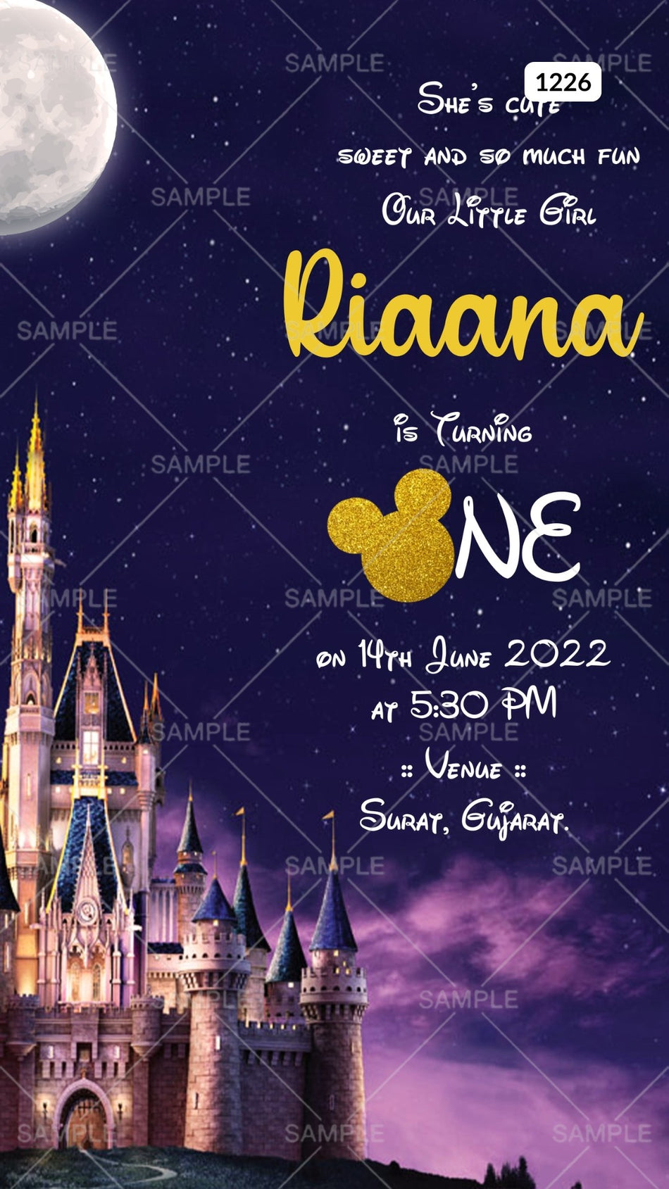 Birthday party invitation card Canva Editable Template for girl in english language with moon as disney theme design 1226