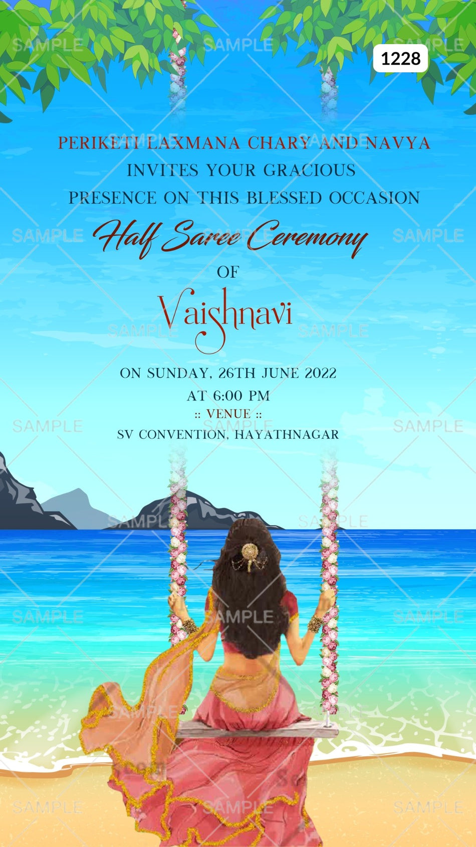 Half Saree ceremony invitation card Canva Editable Template in english language with beach theme design 1228