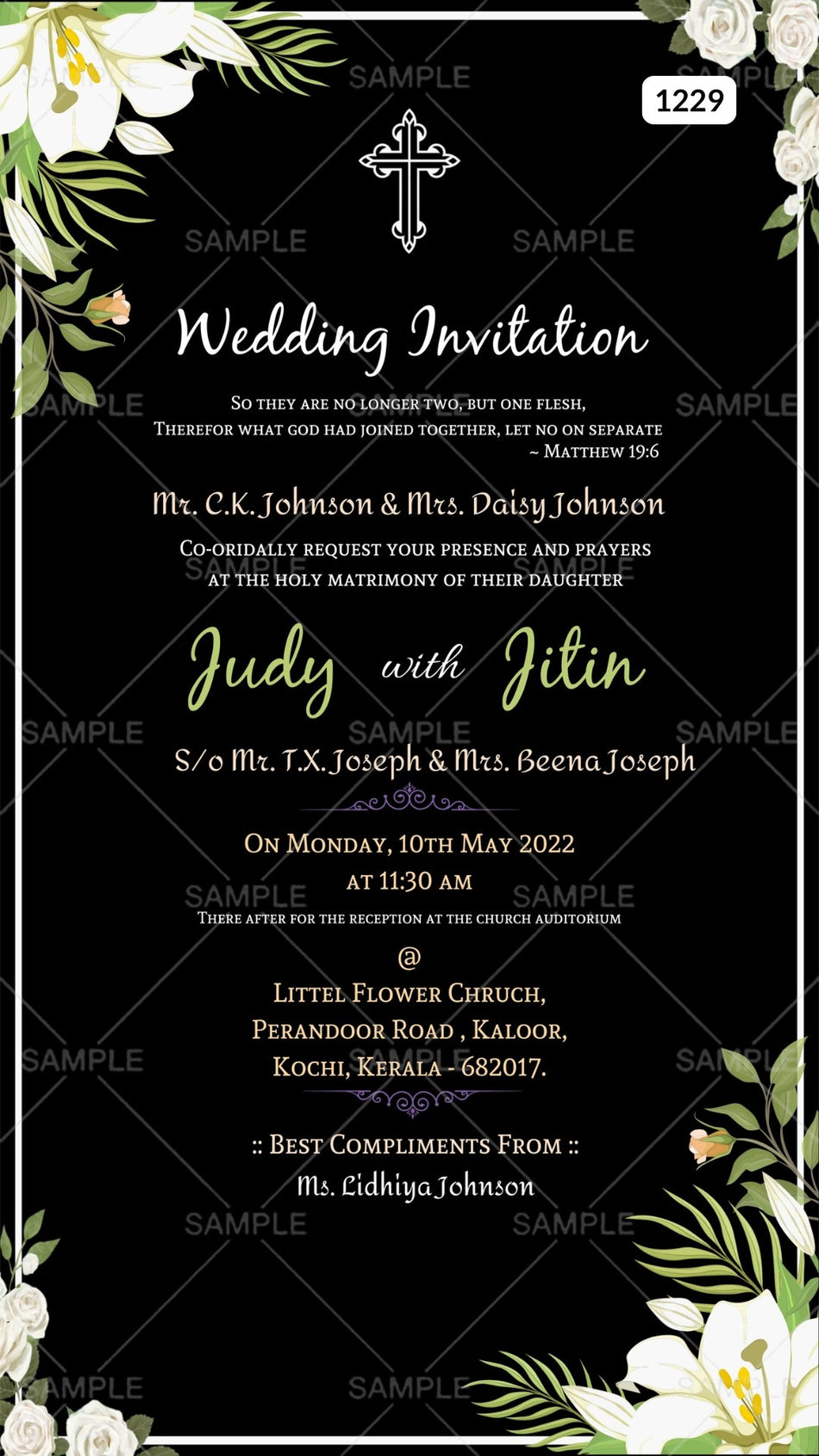 Wedding ceremony invitation card Canva Editable Template of hindu south indian malayali family in english language with  floral theme design 1229