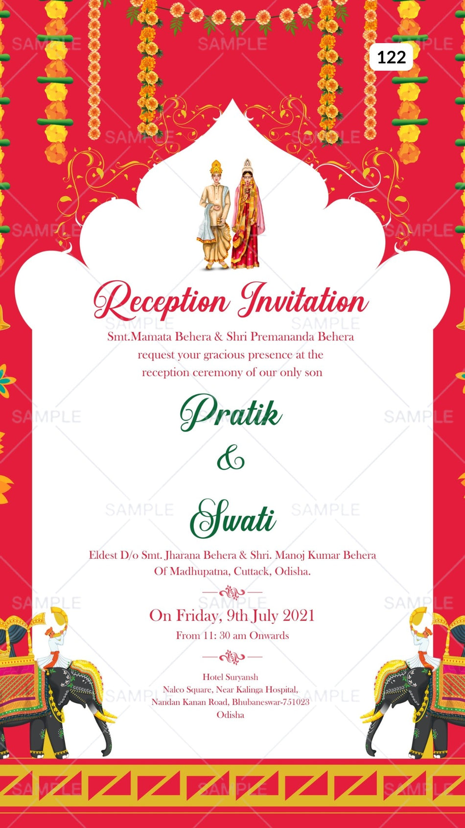 Reception Party invitation card Canva Editable Template in english language with elephant, marigold garland as traditional theme design 122