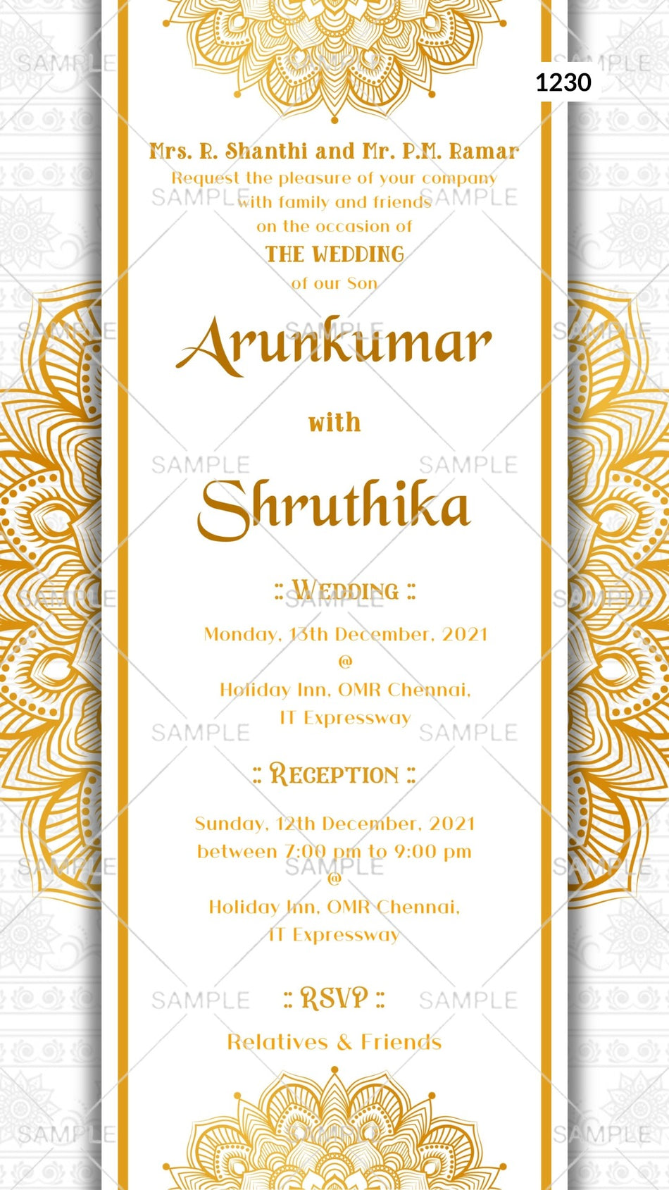 Wedding ceremony invitation card Canva Editable Template of hindu south indian tamil family in english language with  mandala theme design 1230