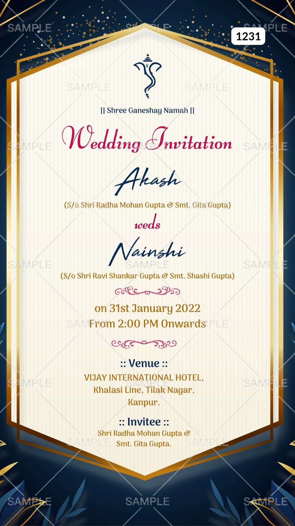 Wedding ceremony invitation card Canva Editable Template of hindu north indian bhojpuri family in english language with  magical arch theme design 1231
