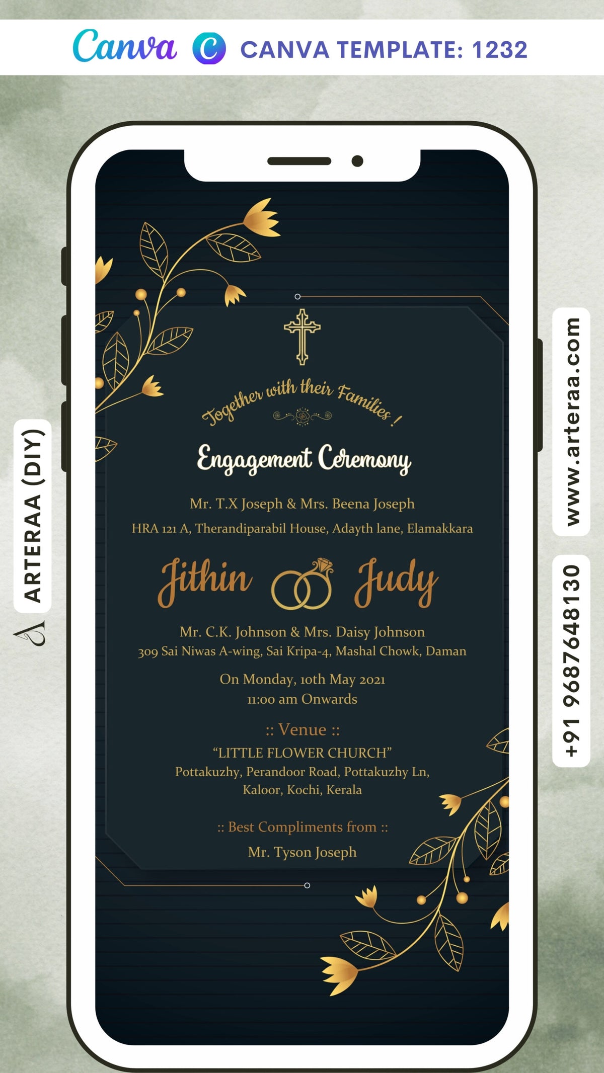 Engagement ceremony invitation card Canva Editable Template in english language with golden leaves and flowers as golden frame theme design 1232