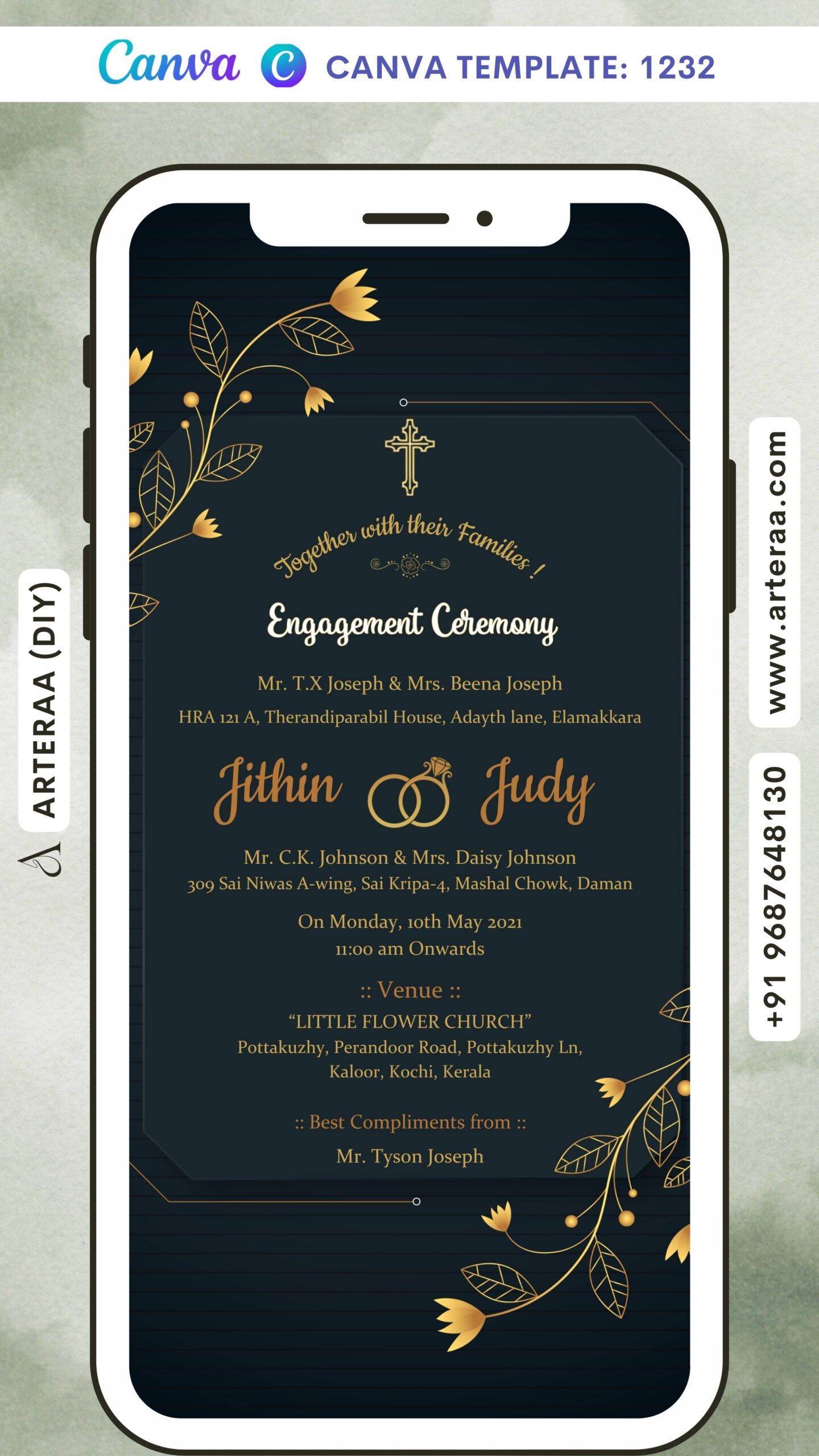 Engagement ceremony invitation card Canva Editable Template in english language with golden leaves and flowers as golden frame theme design 1232