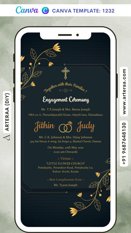 Engagement ceremony invitation card Canva Editable Template in english language with golden leaves and flowers as golden frame theme design 1232