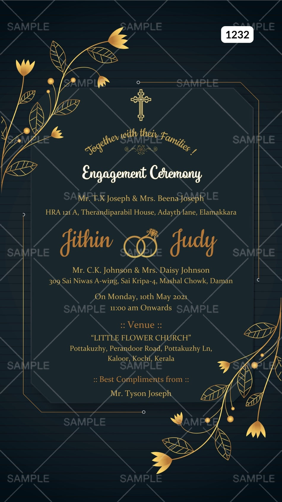 Engagement ceremony invitation card Canva Editable Template in english language with golden leaves and flowers as golden frame theme design 1232