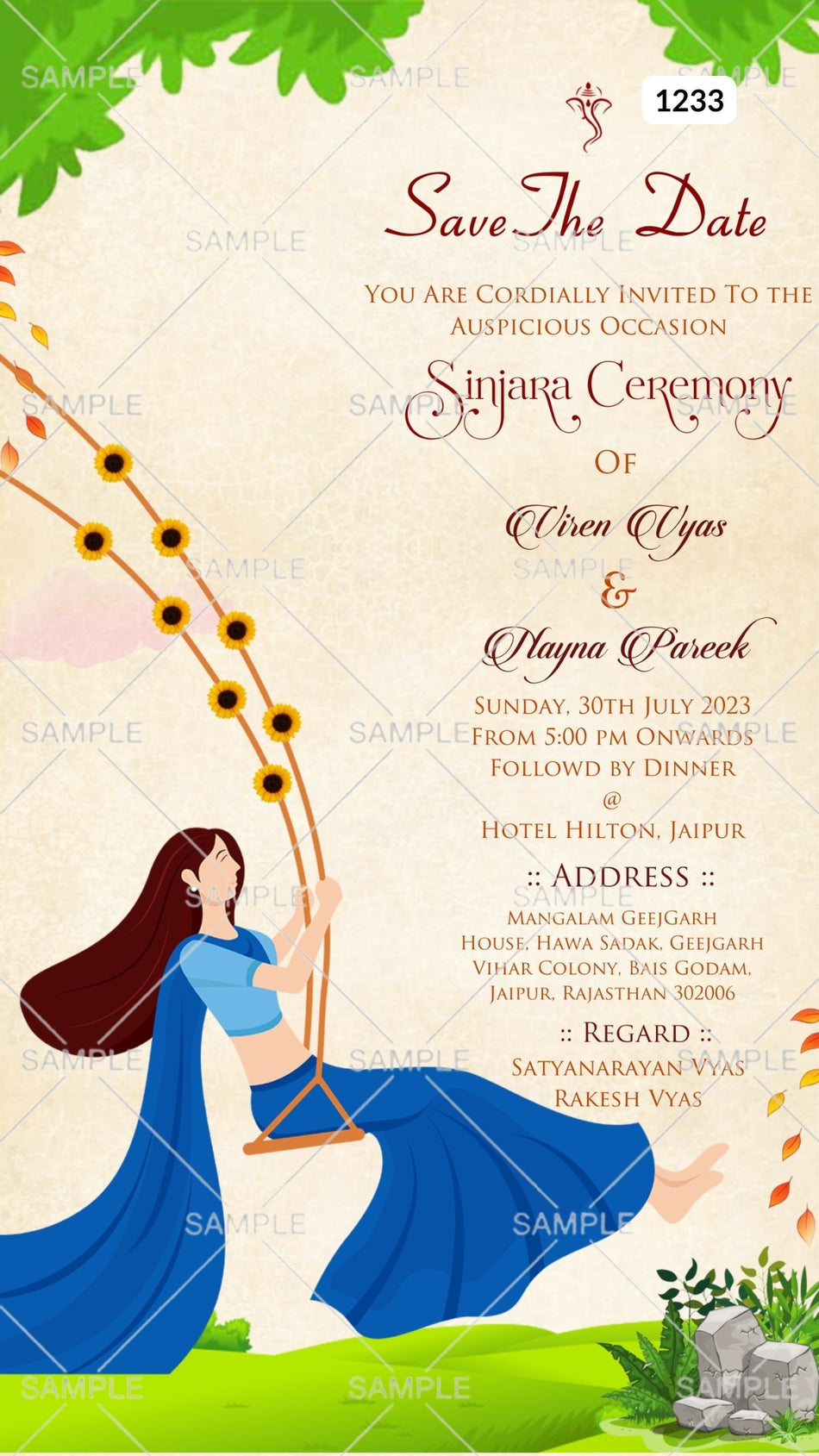Sinjara ceremony invitation card Canva Editable Template in english language with girl doodle, sunflowers as garden theme design 1233