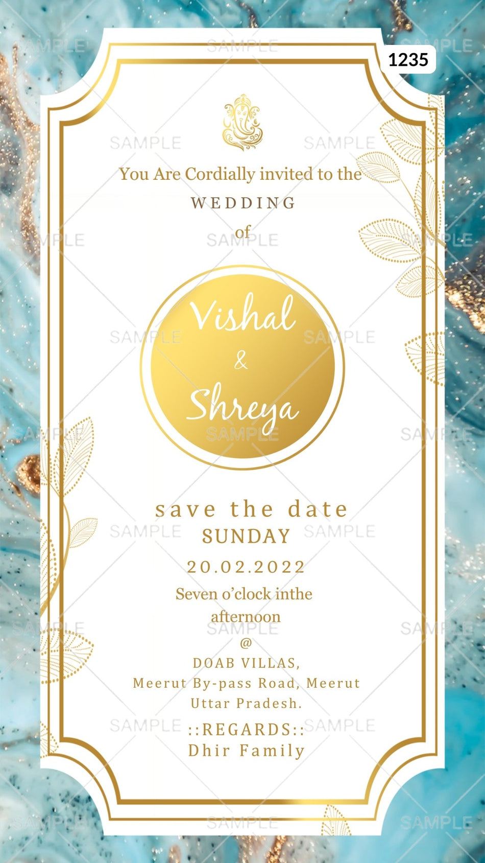 Wedding ceremony invitation card Canva Editable Template of hindu north indian bhojpuri family in english language with resin art theme design 1235