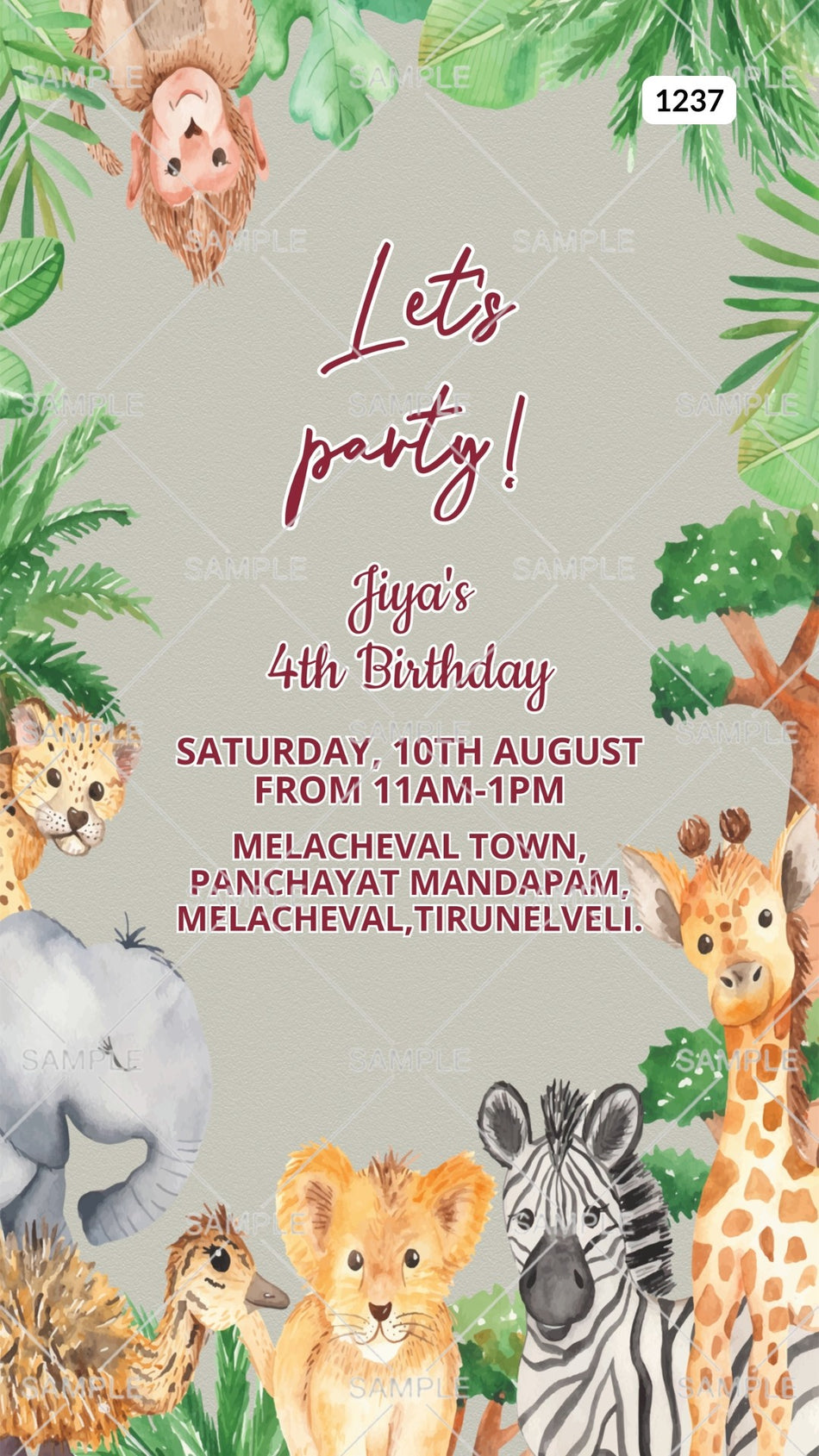 Birthday party invitation card Canva Editable Template in English language with animal as jungle theme design 1237
