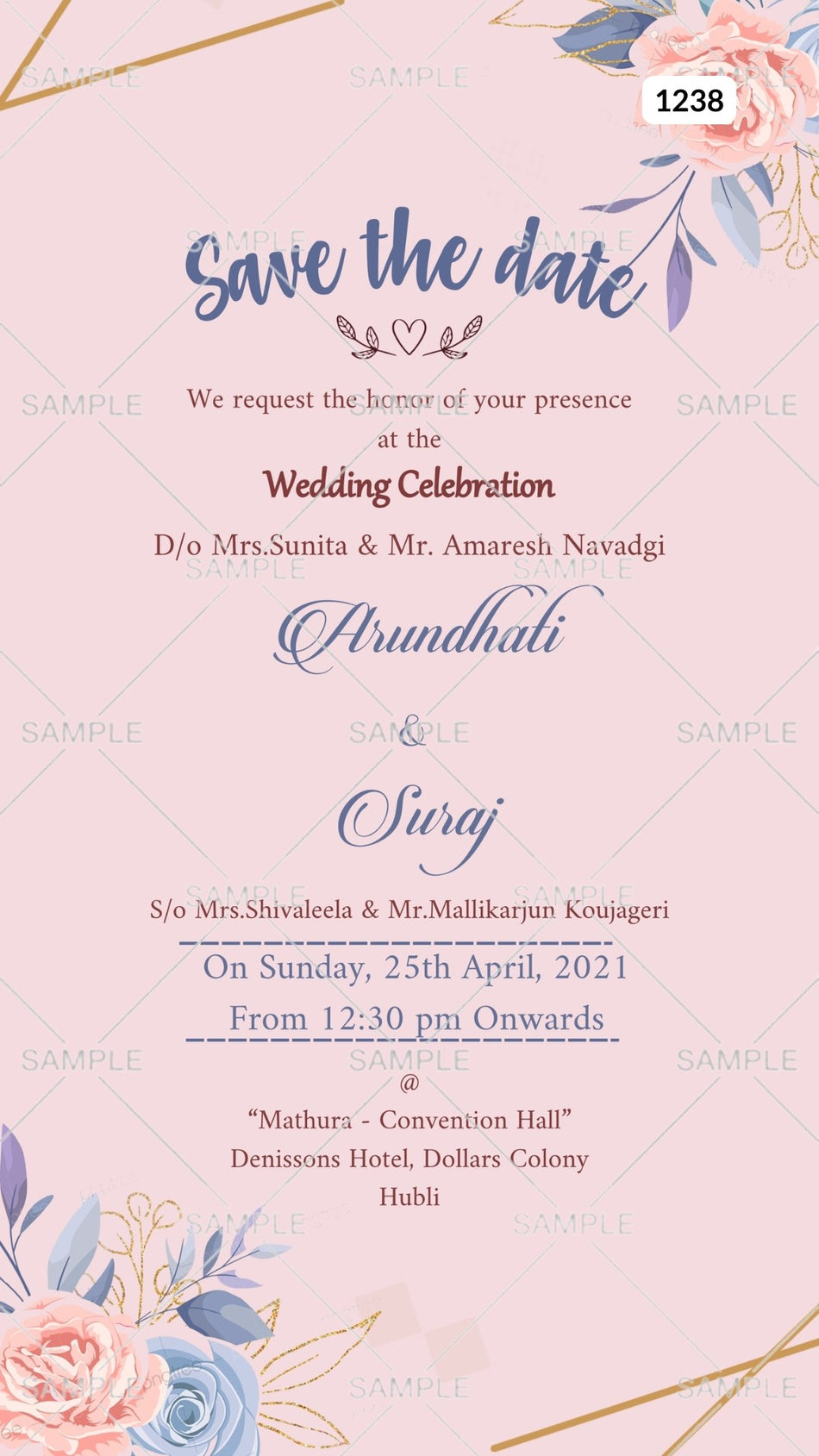 Wedding ceremony invitation card Canva Editable Template of hindu south indian kannada family in english language with  floral theme design 1238