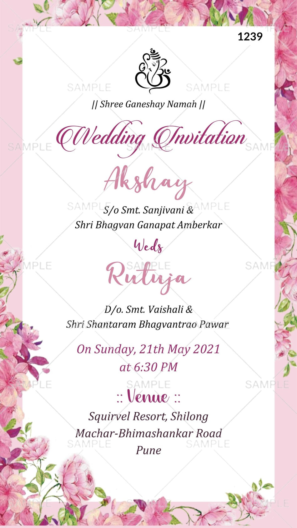 Wedding ceremony invitation card Canva Editable Template of hindu maharashtrian marathi family in english language with  floral theme design 1239