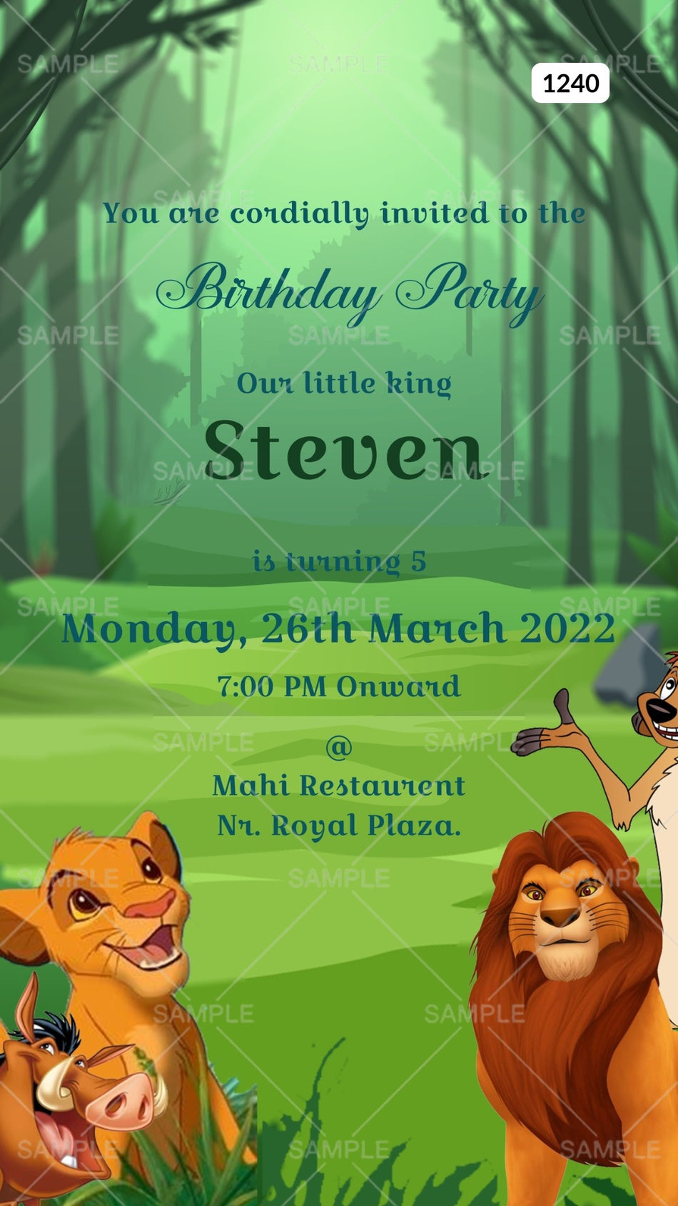 Birthday party invitation card Canva Editable Template in English language with jungle theme design 1240