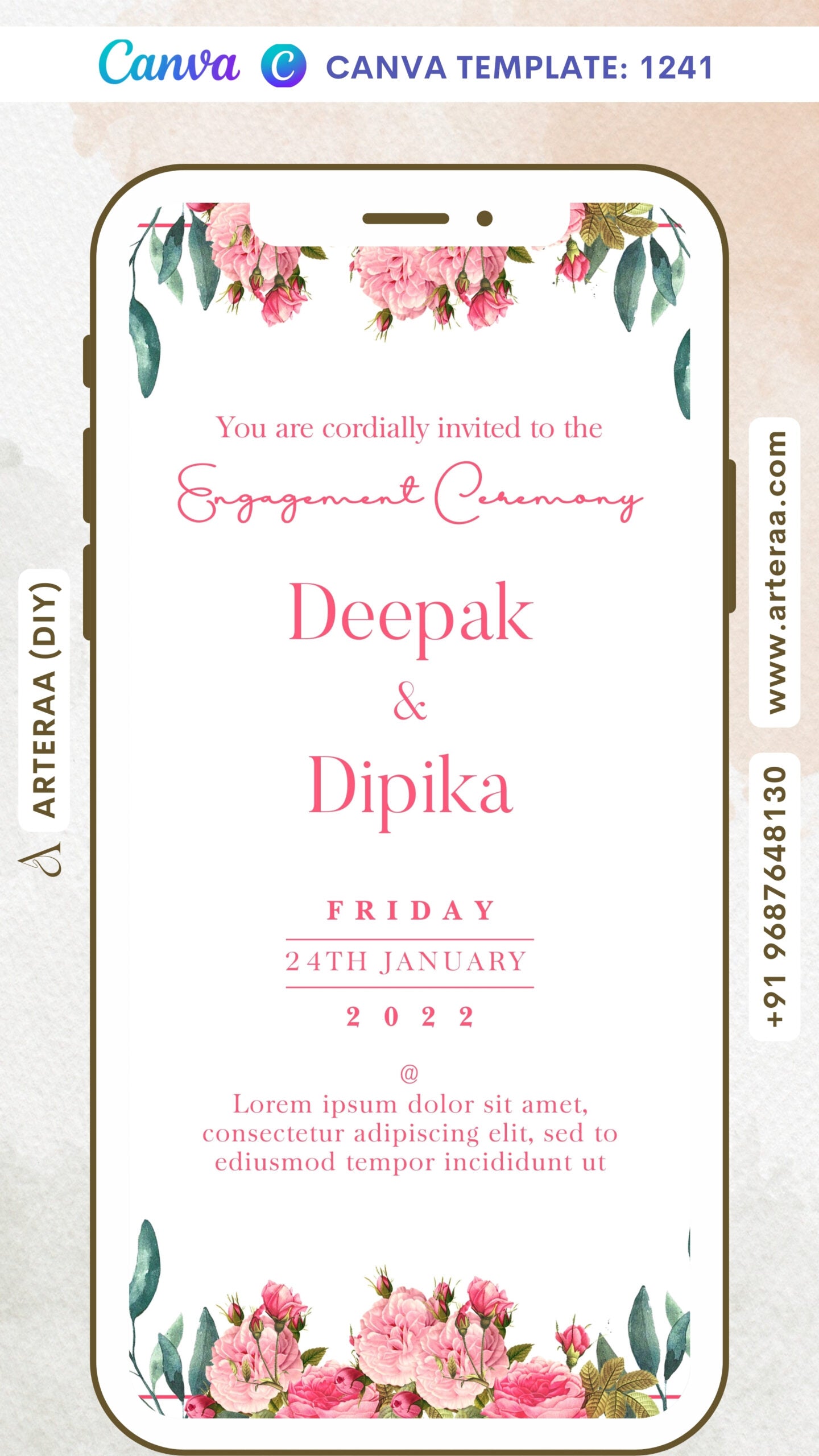 Engagement ceremony invitation card Canva Editable Template in english language with leaves as floral theme design 1241