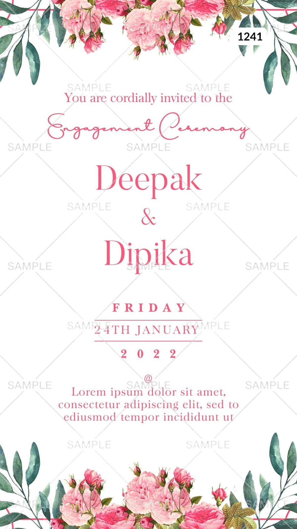 Engagement ceremony invitation card Canva Editable Template in english language with leaves as floral theme design 1241