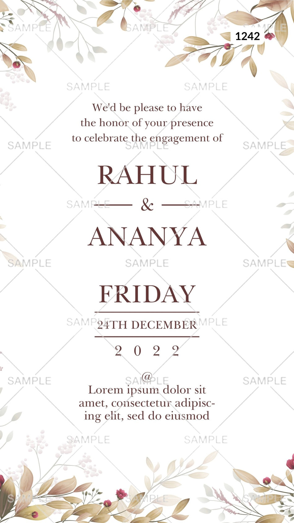 Engagement ceremony invitation card Canva Editable Template in english language with flowers as artistic leaves theme design 1242