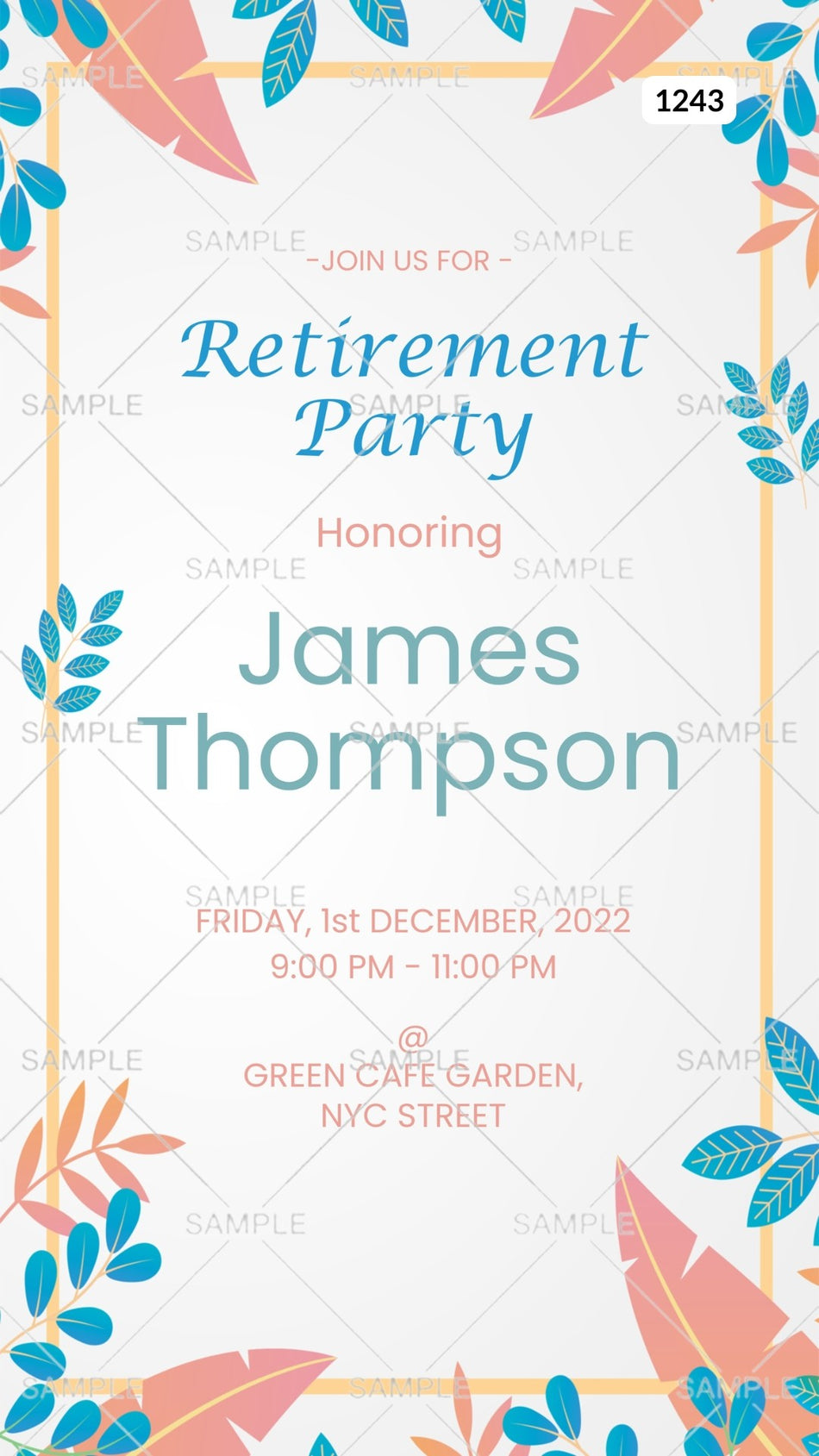 Retirement Party invitation card Canva Editable Template in english language with frame as artistic leaves theme design 1243