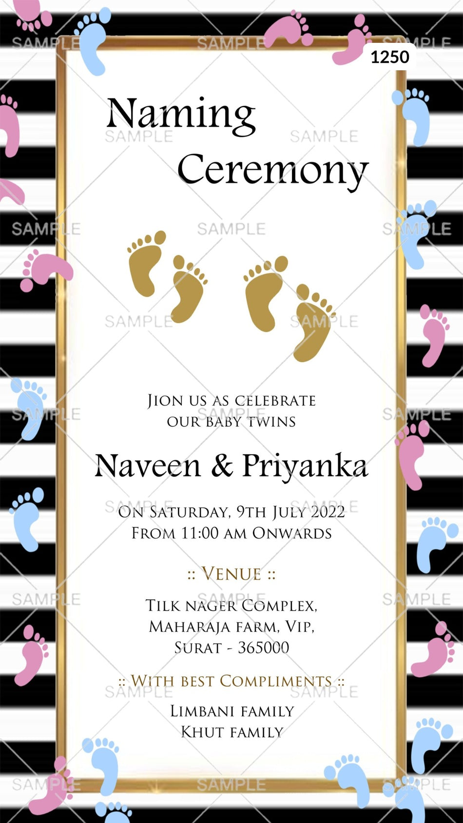 Baby Naming ceremony invitation card Canva Editable Template in english language with baby leg print as minimalistic theme design 1250