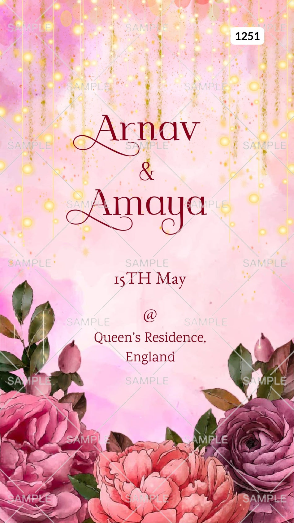 Save the Date card Canva Editable Template in english language with flowers, lights as floral theme design 1251
