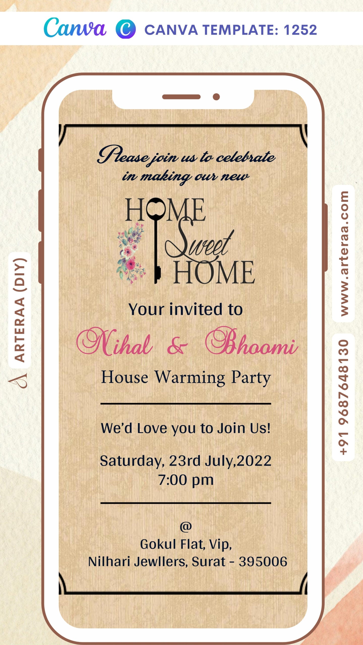 House Warming ceremony invitation card Canva Editable Template in english language with flowers as frame theme design 1252