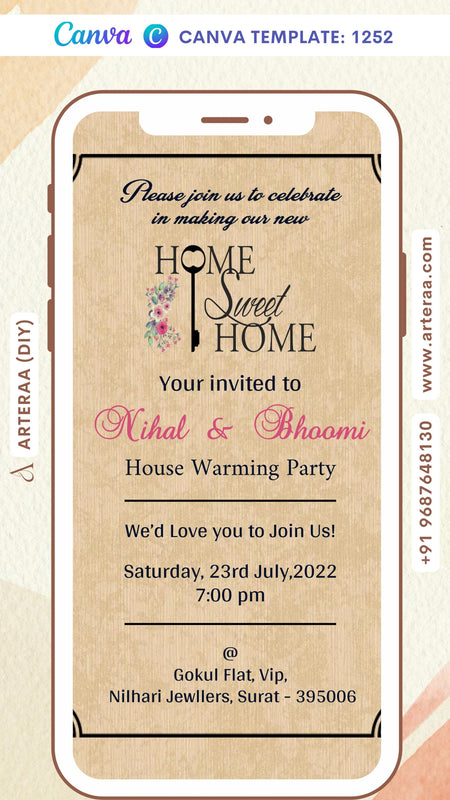 House Warming ceremony invitation card Canva Editable Template in english language with flowers as frame theme design 1252