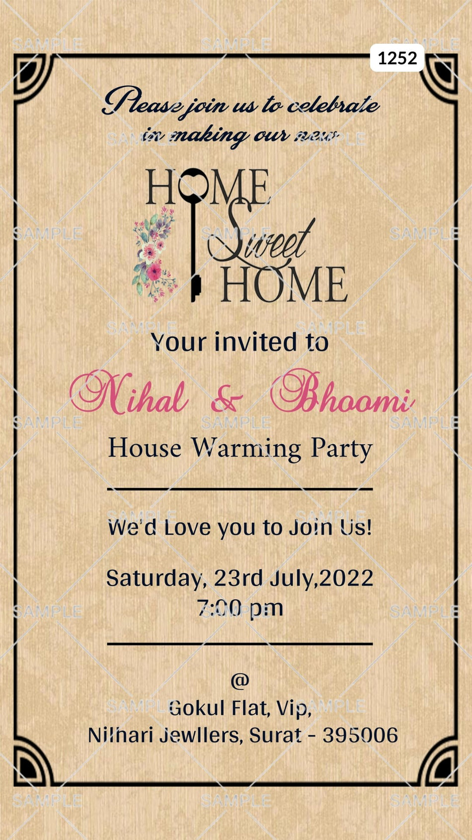 House Warming ceremony invitation card Canva Editable Template in english language with flowers as frame theme design 1252