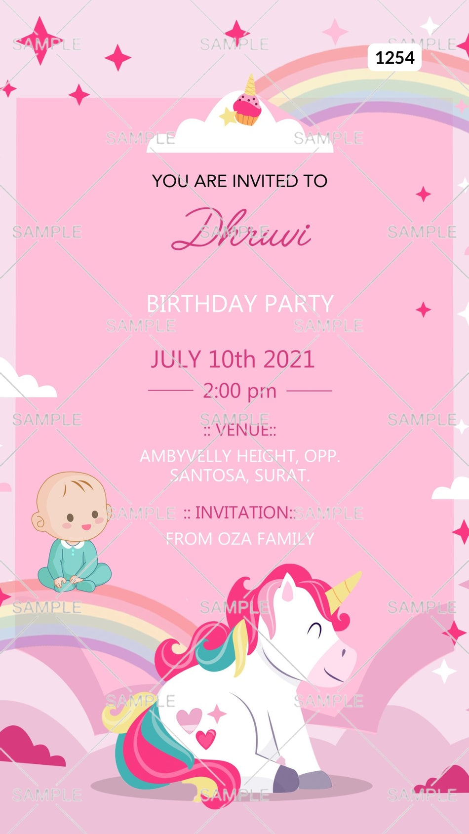 Birthday party invitation card Canva Editable Template in english language with rainbow theme design 1254