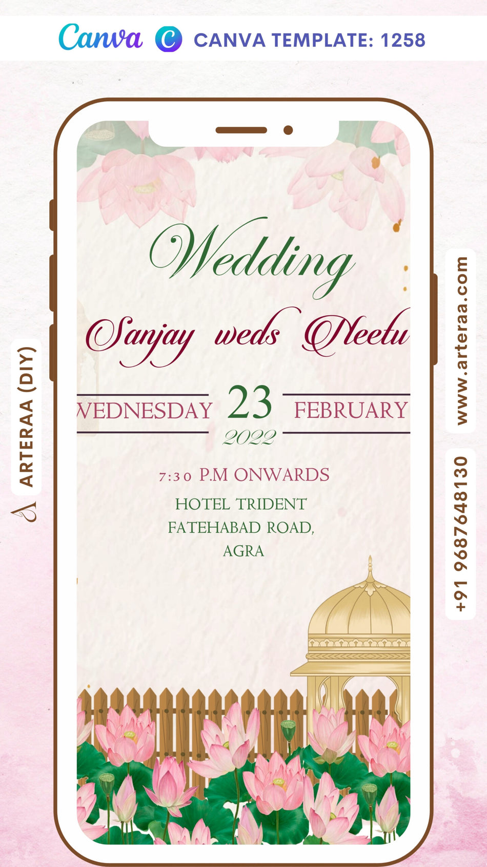 Wedding ceremony invitation card Canva Editable Template of hindu north indian bhojpuri family in english language with garden theme design 1258