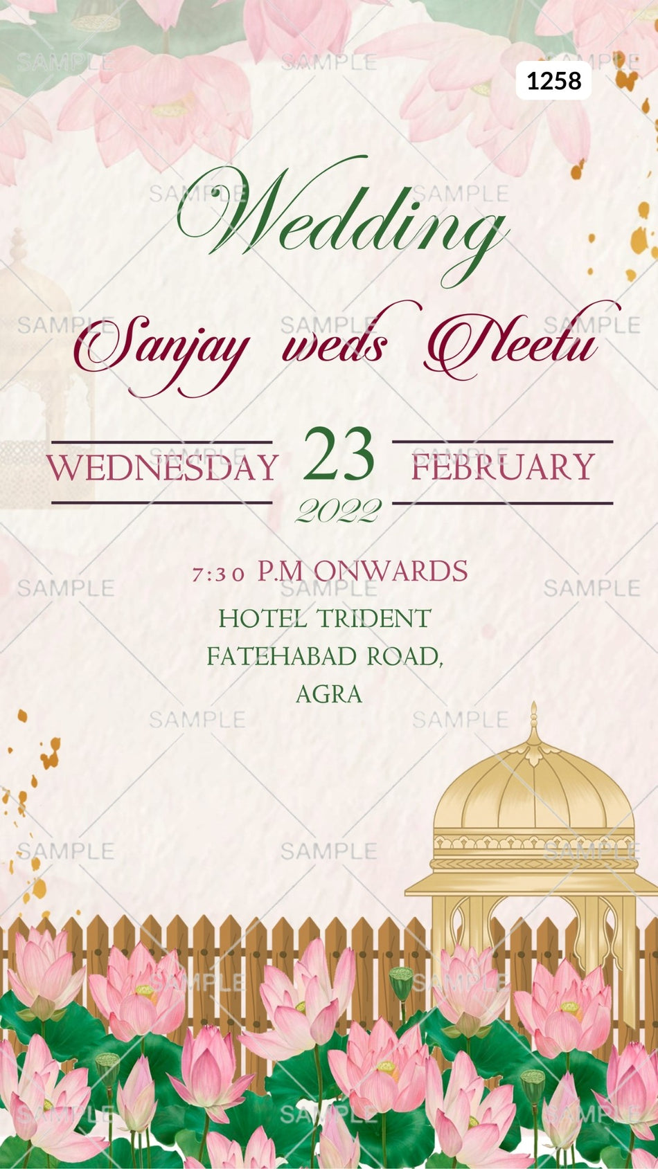 Wedding ceremony invitation card Canva Editable Template of hindu north indian bhojpuri family in english language with  garden theme design 1258