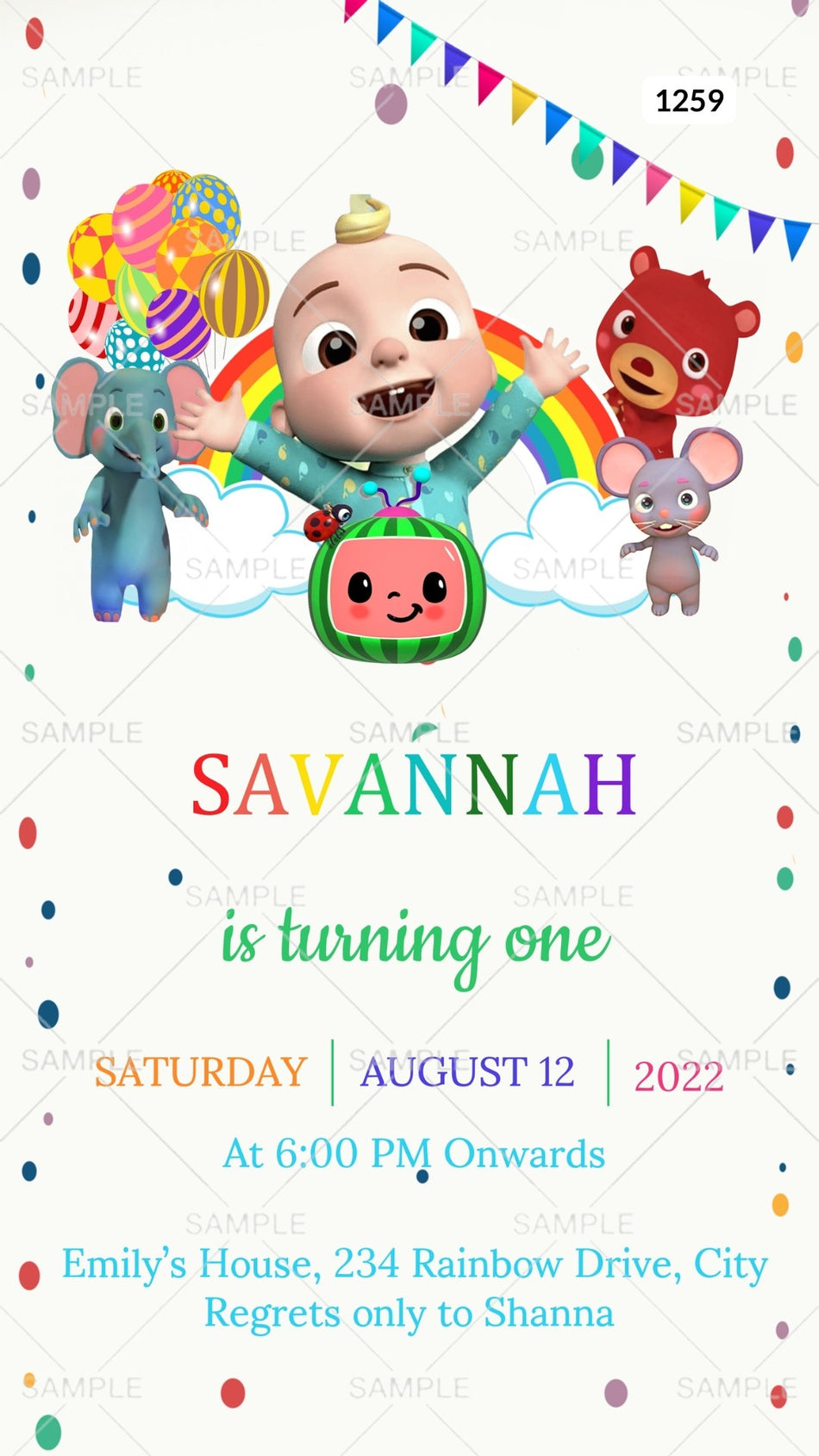 Birthday party invitation card Canva Editable Template for boy in english language with cocomelon theme design 1259