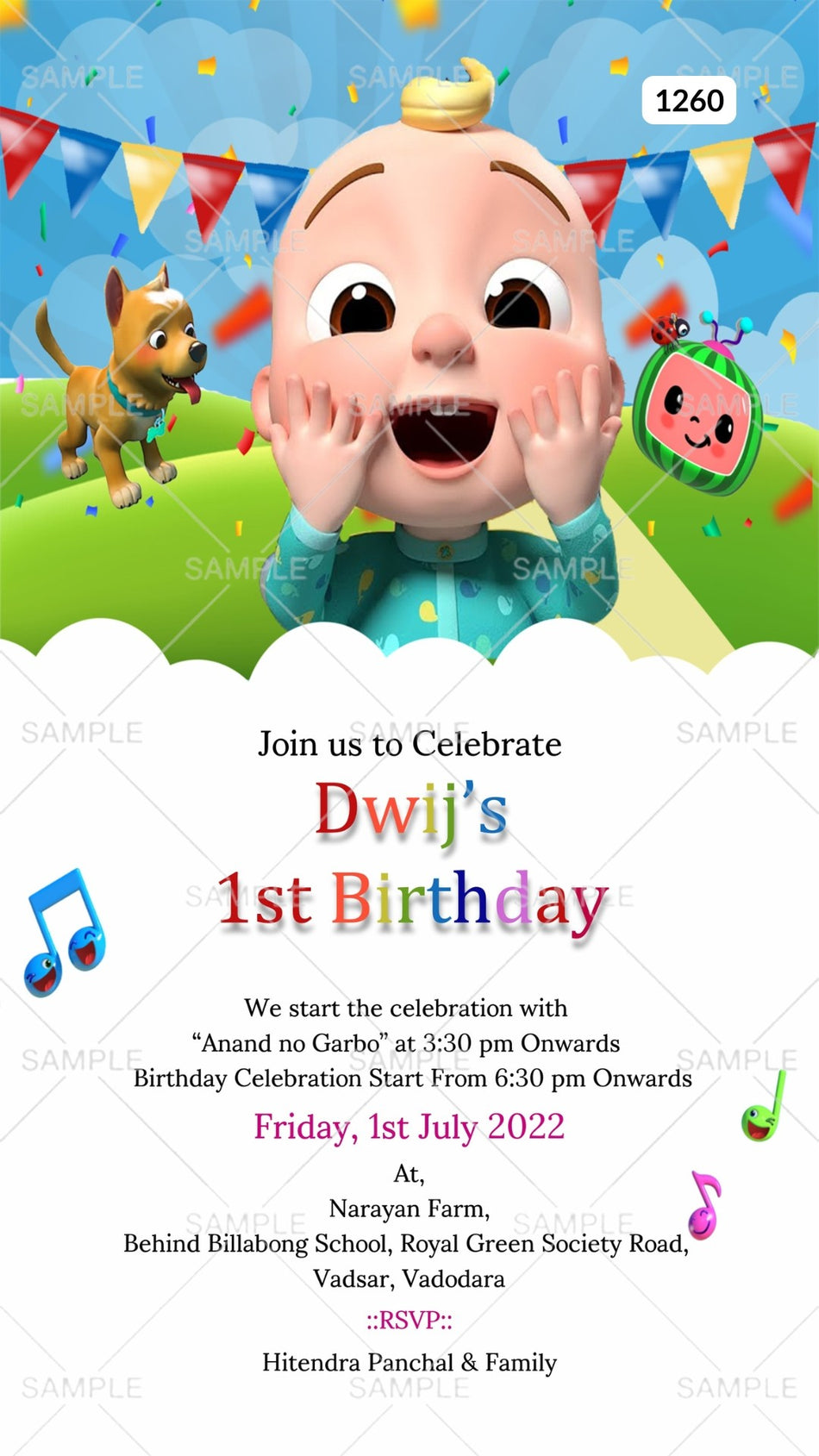 Birthday party invitation card Canva Editable Template for boy in english language with cocomelon theme design 1260